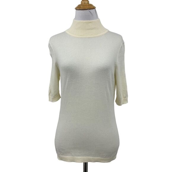 Talbots Top Womens SP Petite Small Cream Mock Neck Ribbed Knit Short Sleeve - Picture 1 of 10